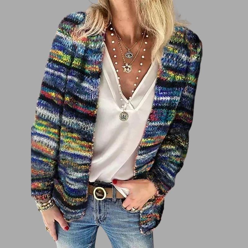 Women's multicoloured striped knit cardigan with V-neck and long sleeves