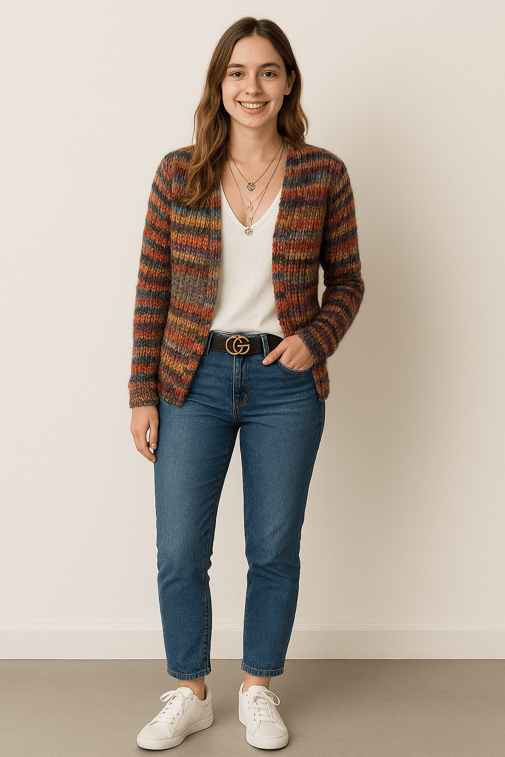 Women's multicoloured striped knit cardigan with V-neck and long sleeves