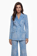 Women's blue floral embroidered jacket and wide-leg trouser suit