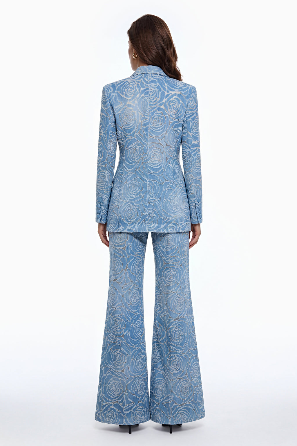 Women's blue floral embroidered jacket and wide-leg trouser suit