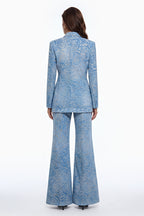 Women's blue floral embroidered jacket and wide-leg trouser suit