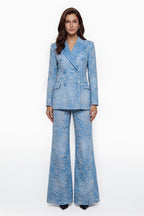 Women's blue floral embroidered jacket and wide-leg trouser suit