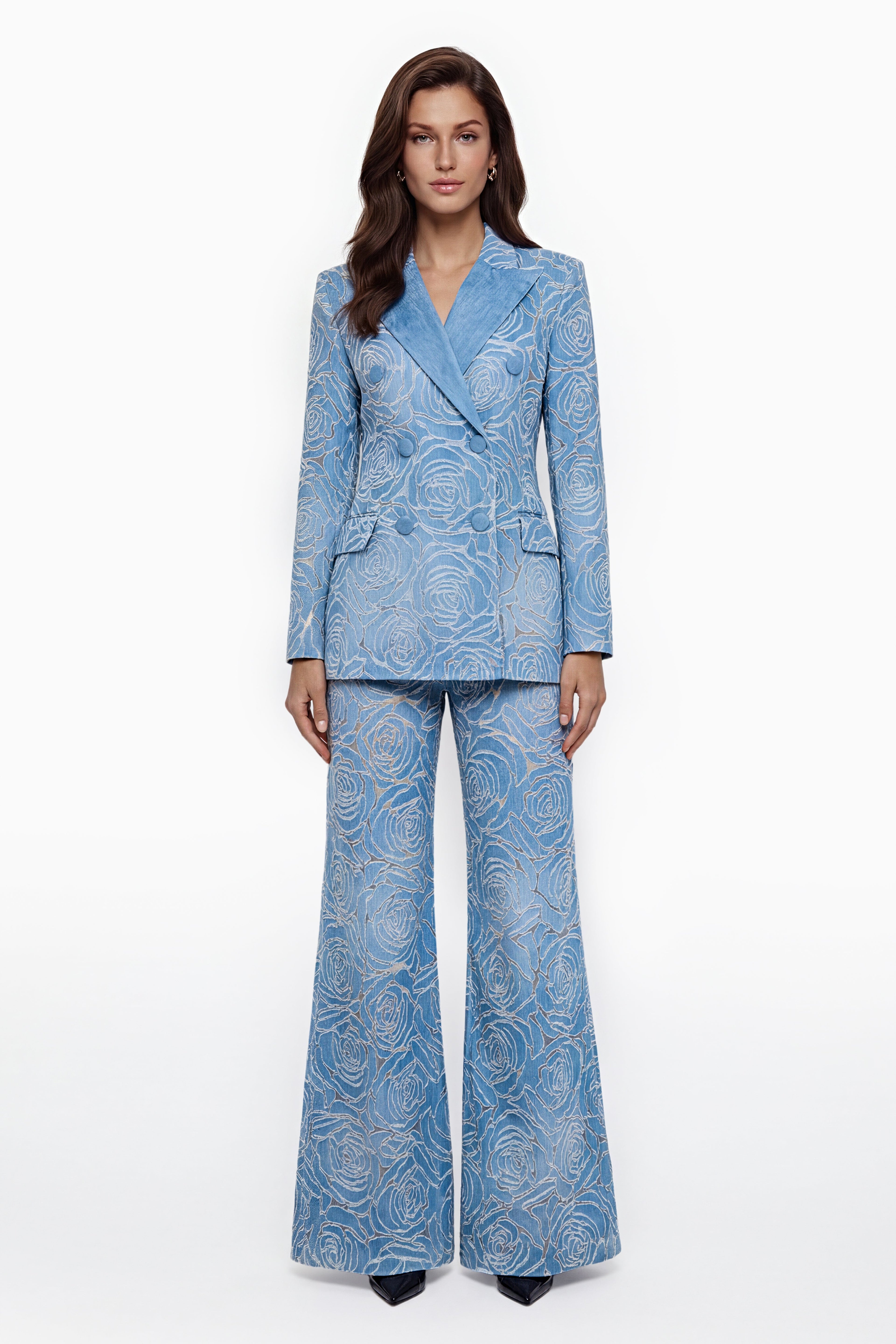 Women's blue floral embroidered jacket and wide-leg trouser suit