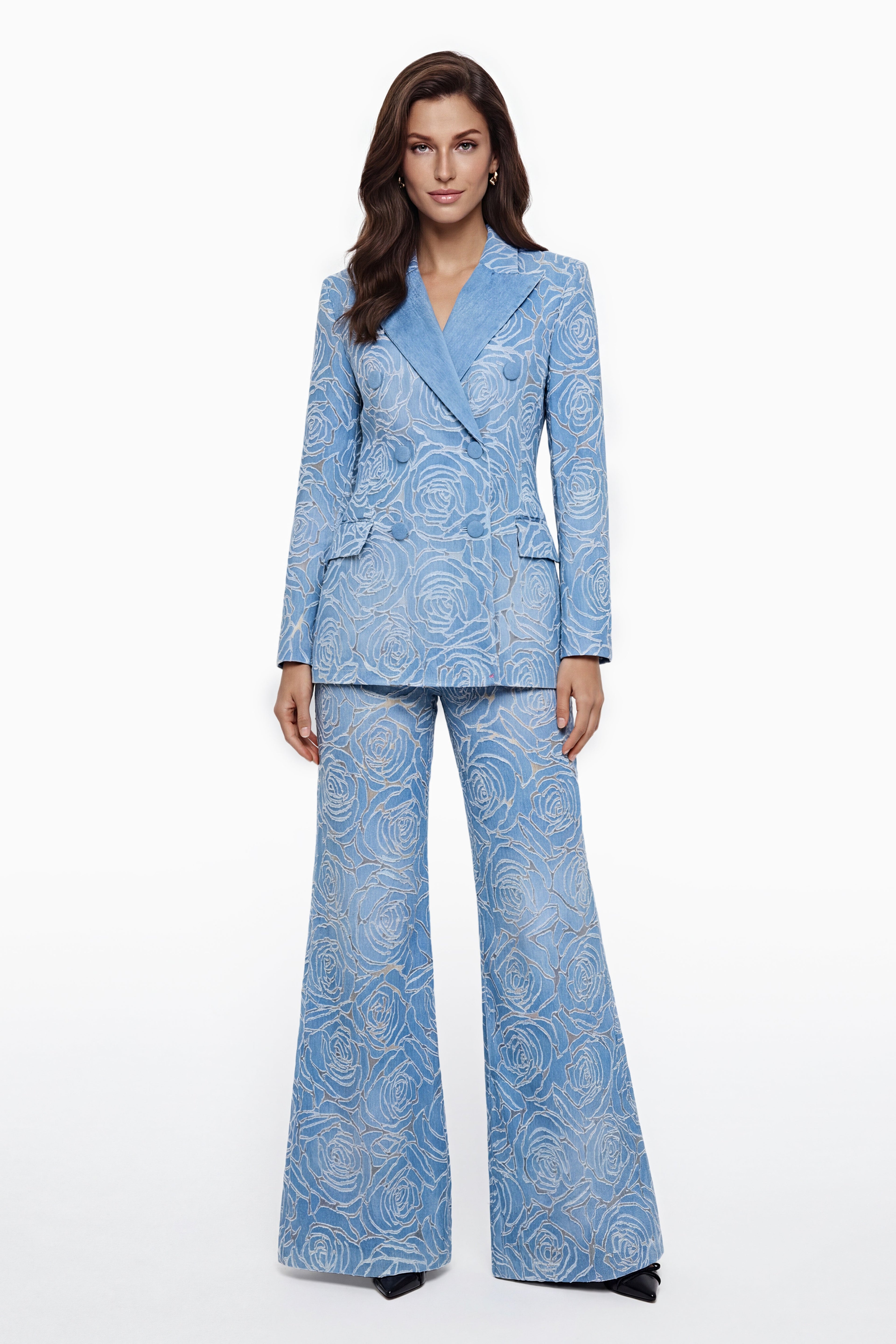Women's blue floral embroidered jacket and wide-leg trouser suit