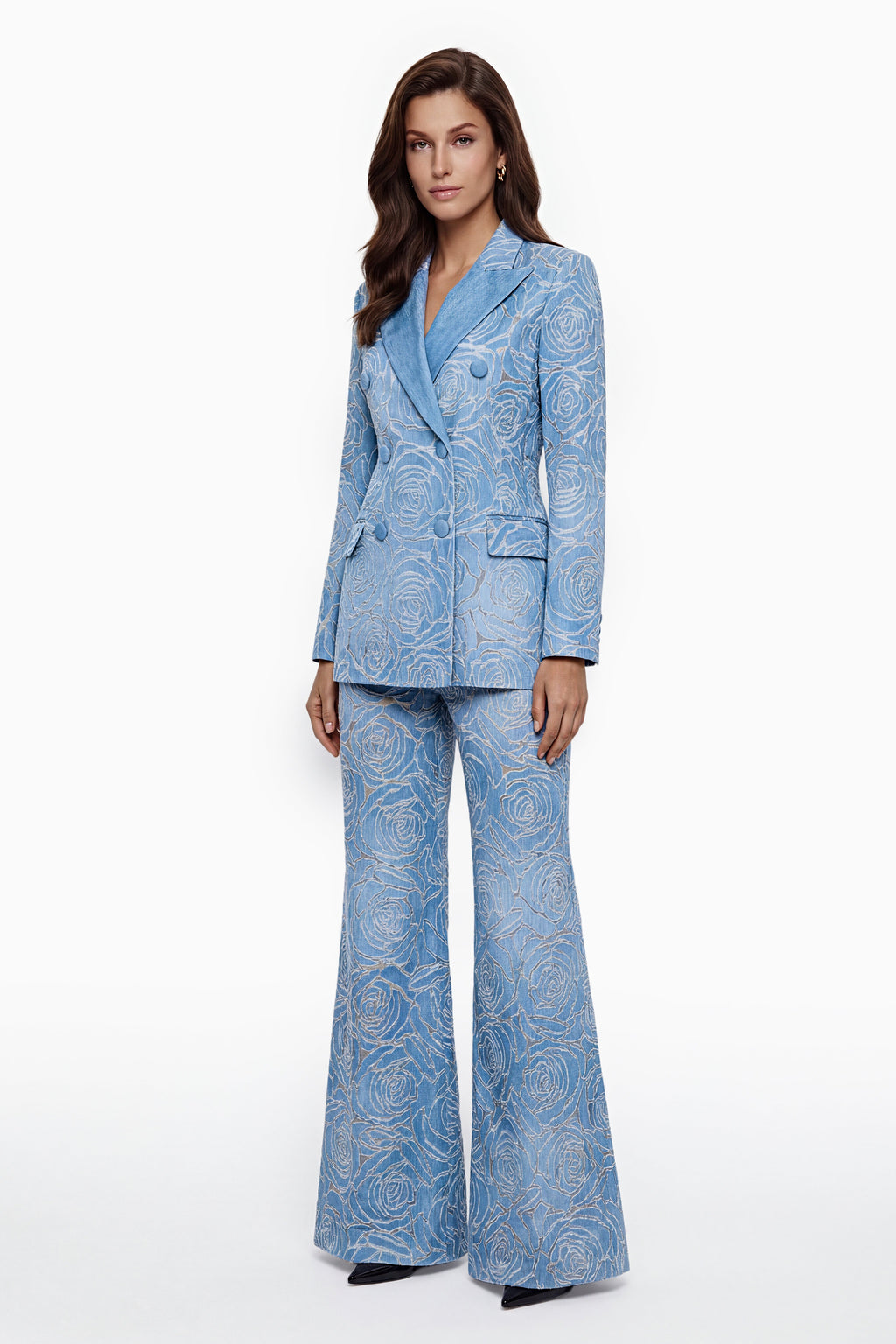 Women's blue floral embroidered jacket and wide-leg trouser suit