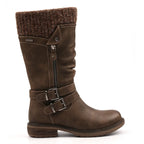 Brown women's mid-calf boots with knitted cuff, side zip and buckle straps