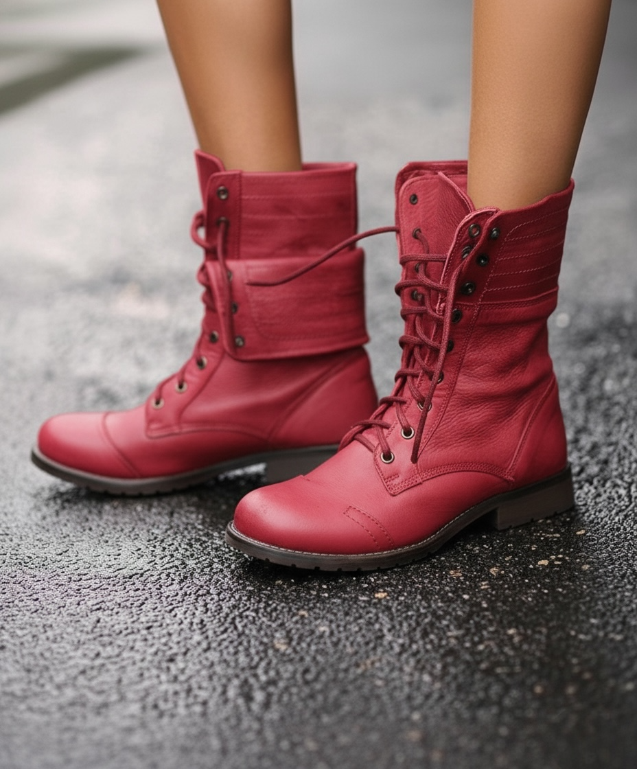 Women's mid-calf lace-up boots with layered cuff and low heel