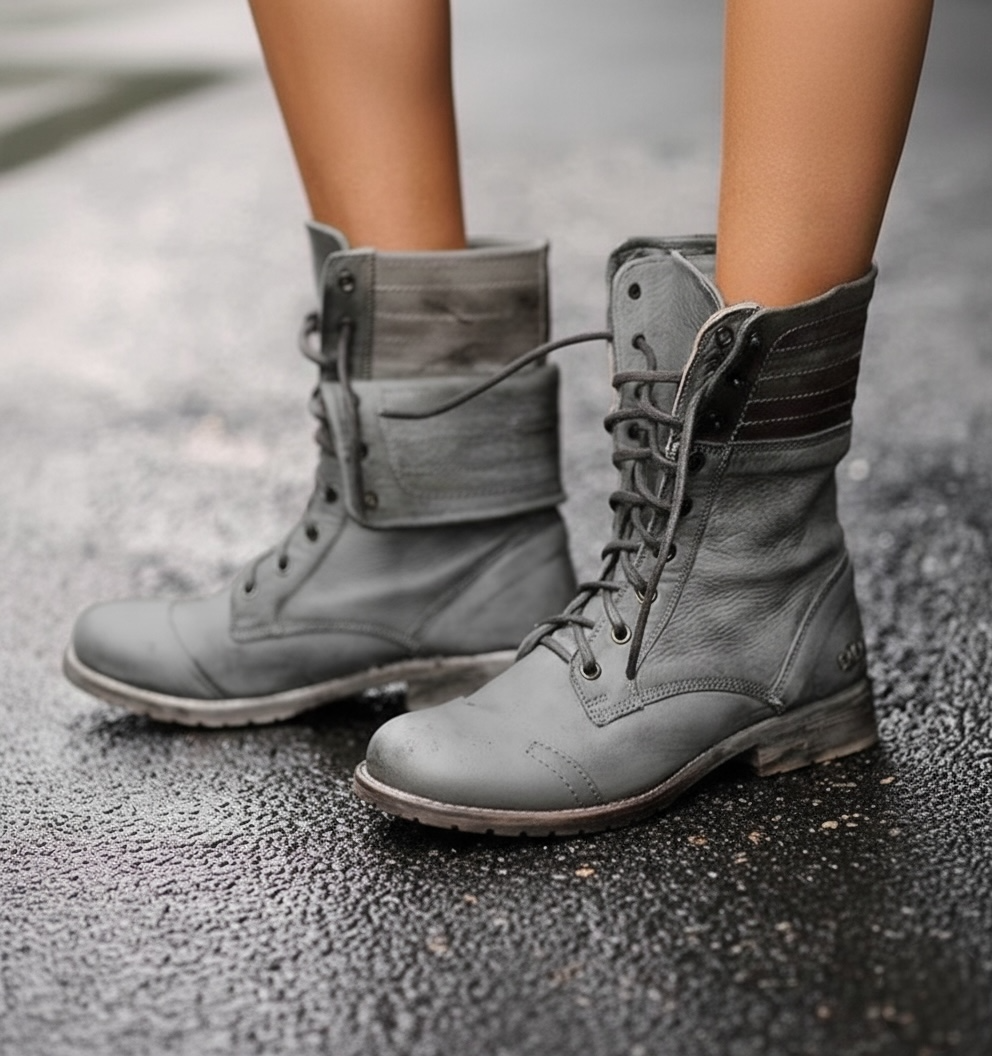 Women's mid-calf lace-up boots with layered cuff and low heel