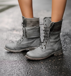 Women's mid-calf lace-up boots with layered cuff and low heel
