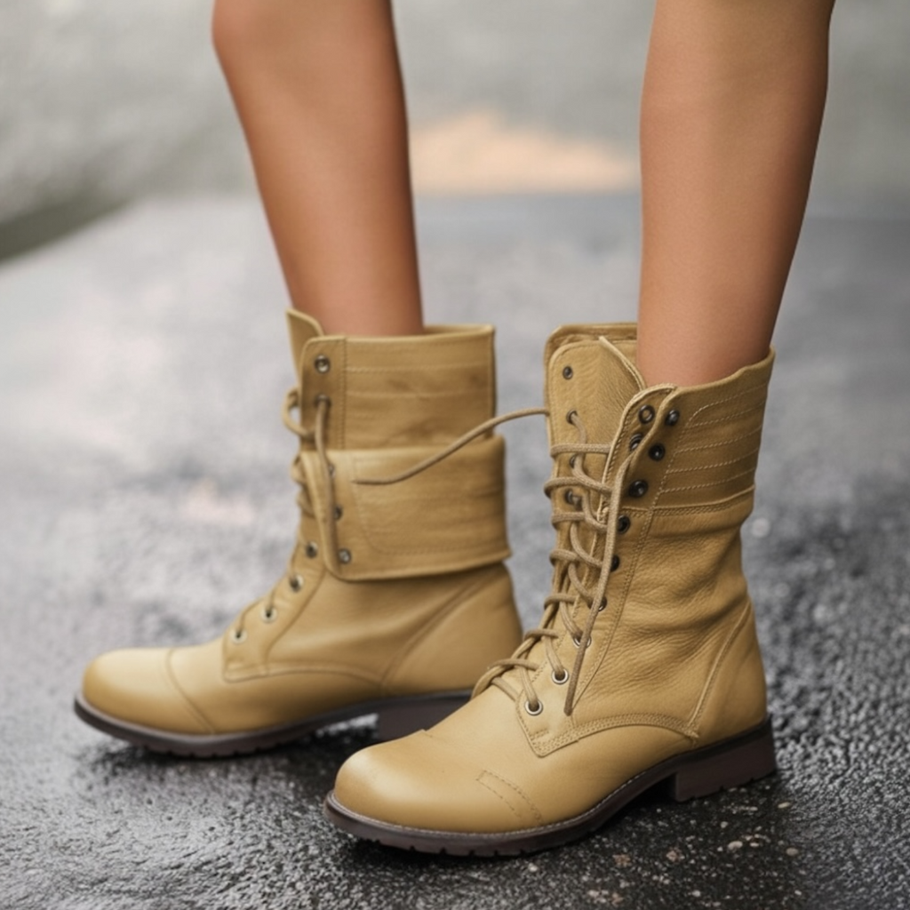 Women's mid-calf lace-up boots with layered cuff and low heel