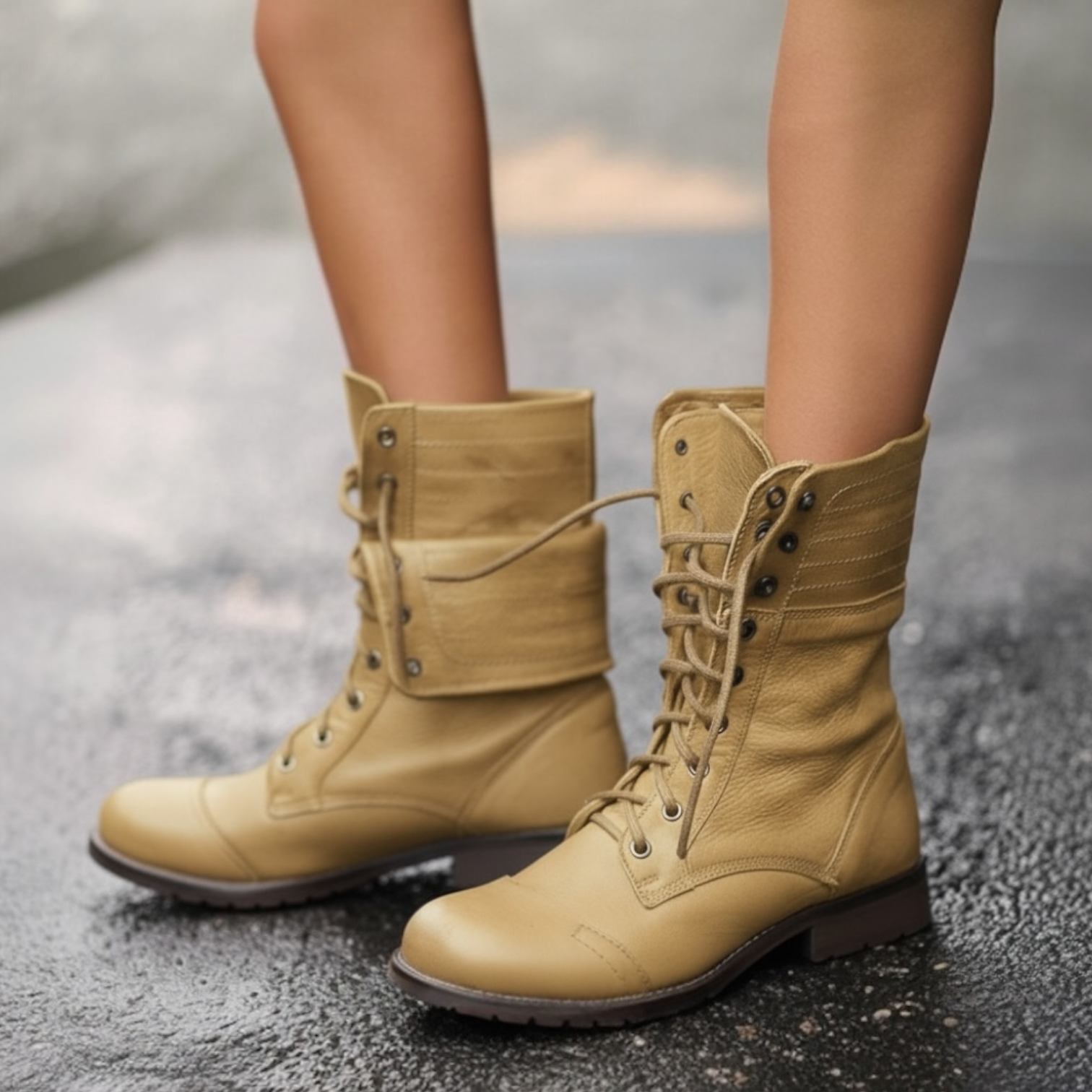 Women's mid-calf lace-up boots with layered cuff and low heel