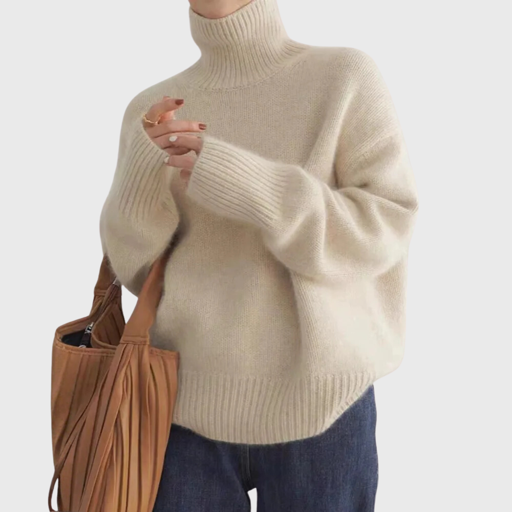 Women's long-sleeve turtleneck sweater with ribbed trims