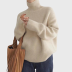 Women's long-sleeve turtleneck sweater with ribbed trims