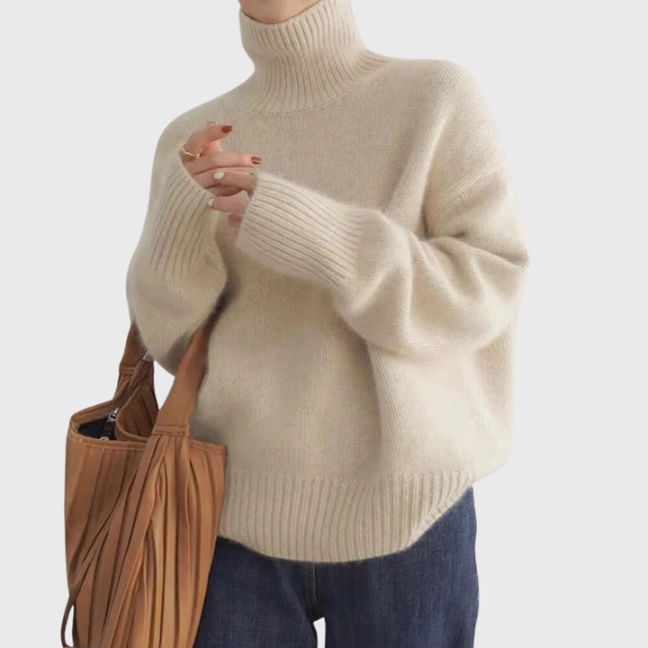 Women's long-sleeve turtleneck sweater with ribbed trims