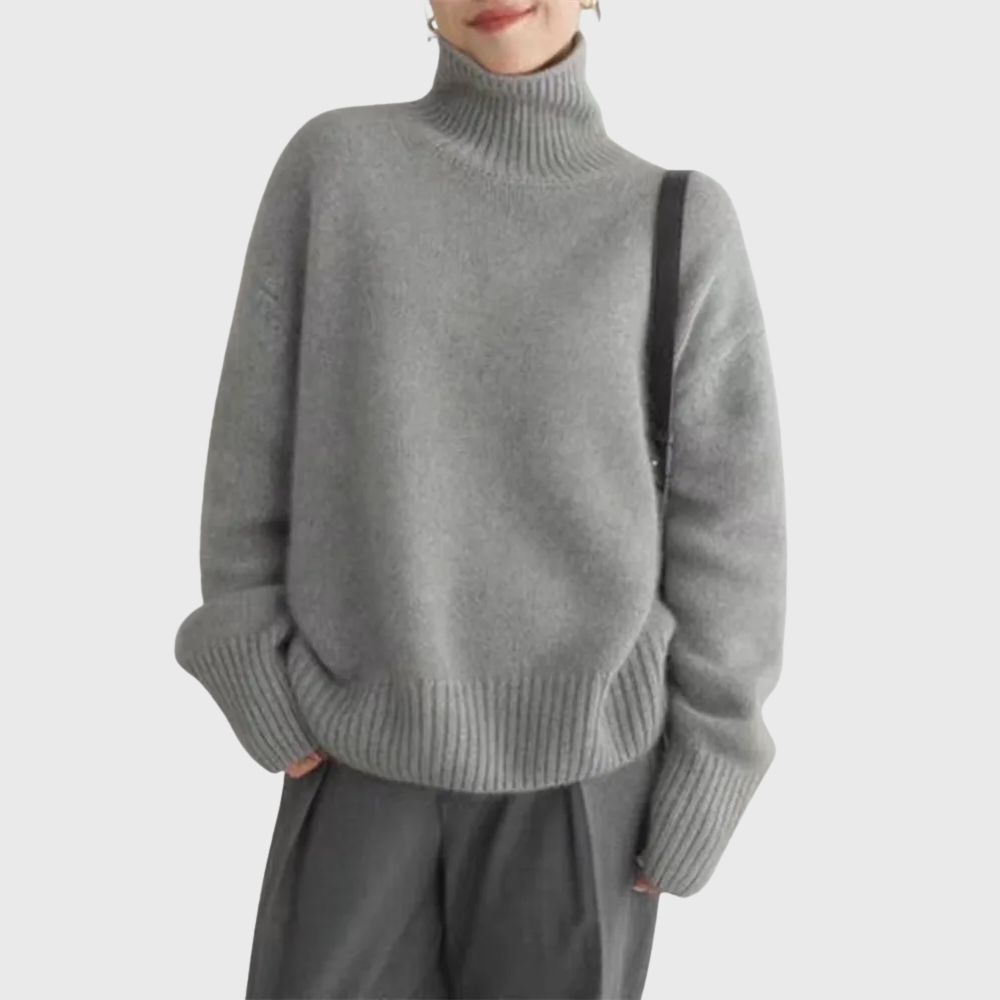 Women's long-sleeve turtleneck sweater with ribbed trims