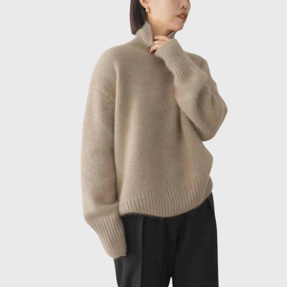 Women's long-sleeve turtleneck sweater with ribbed trims