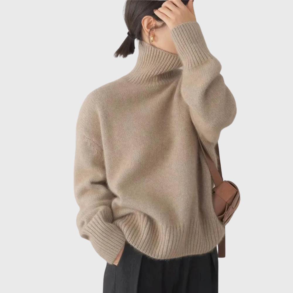 Women's long-sleeve turtleneck sweater with ribbed trims