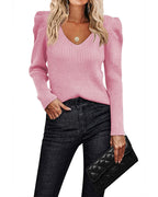 Women's ribbed V-neck jumper with puff sleeves