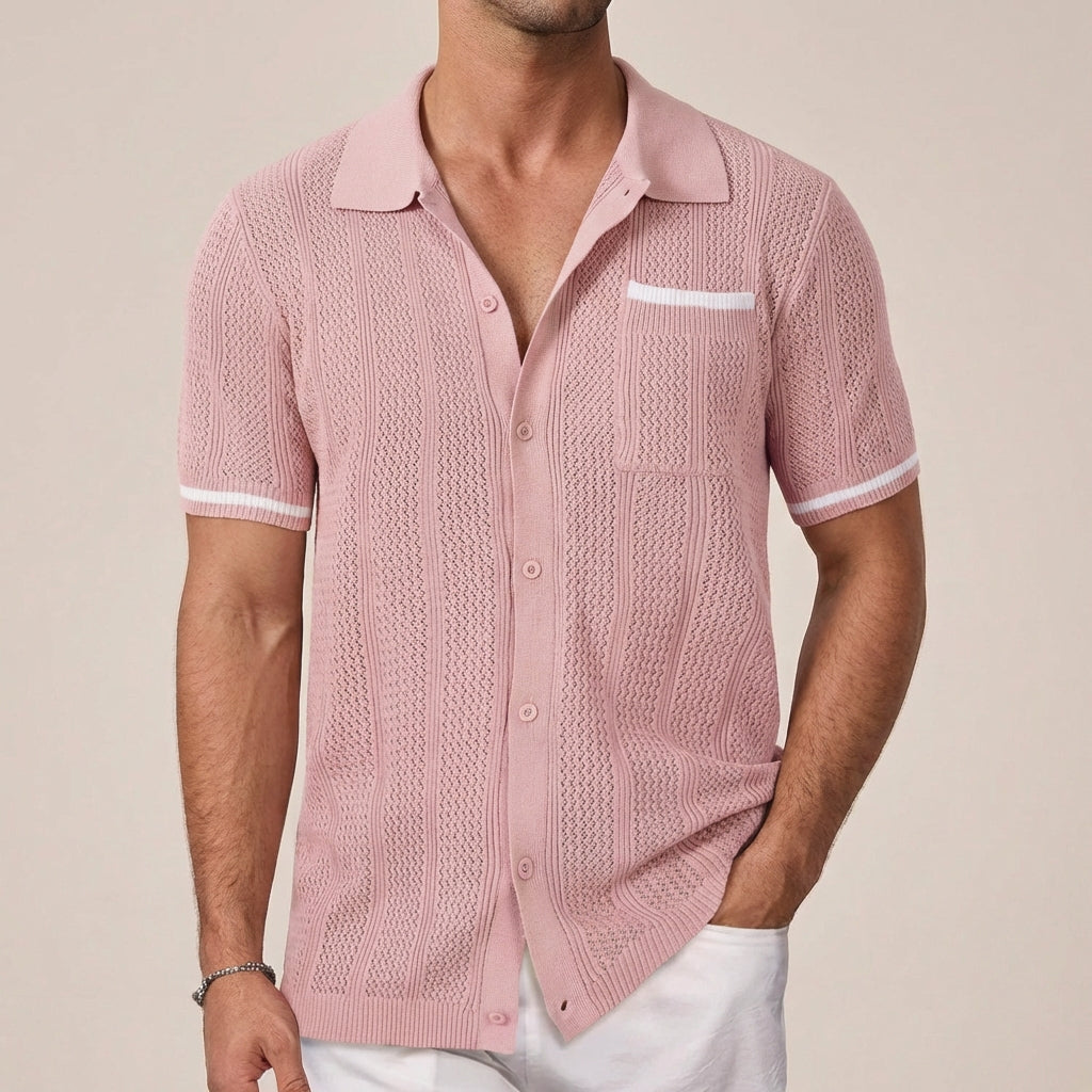Men's openwork short-sleeve shirt with camp collar and buttons