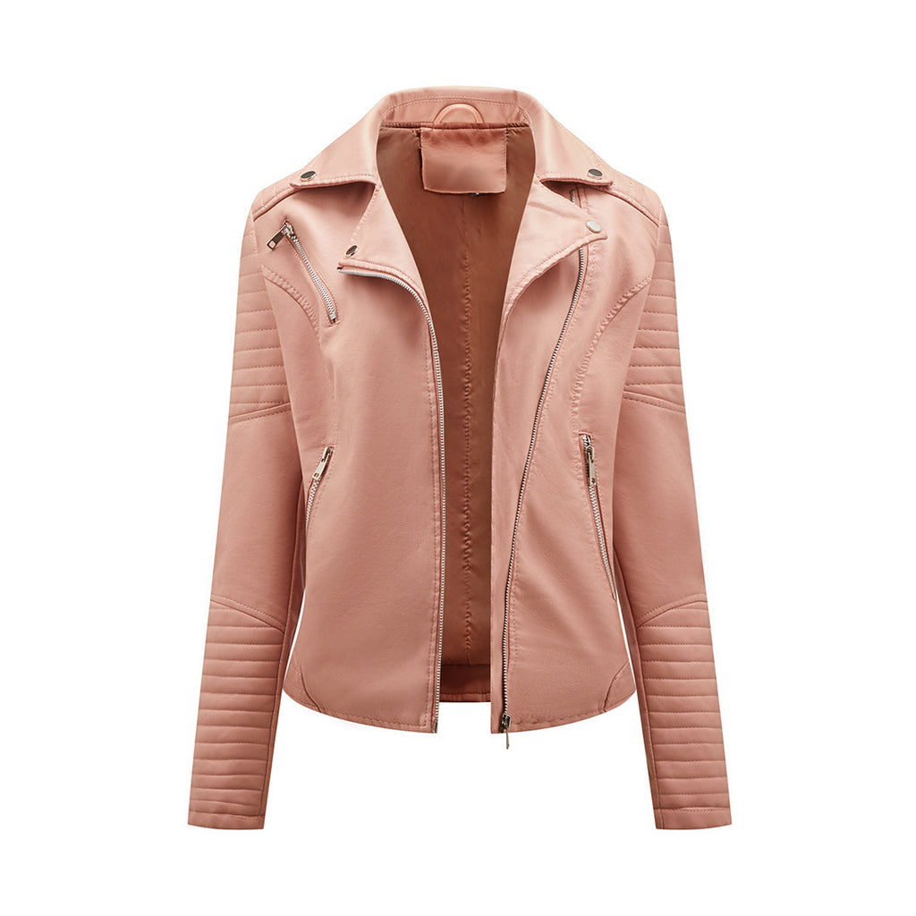 Women's short biker jacket with notched lapels, long sleeves, zip pockets and quilted panels