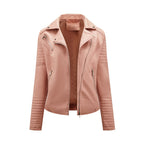 Women's short biker jacket with notched lapels, long sleeves, zip pockets and quilted panels