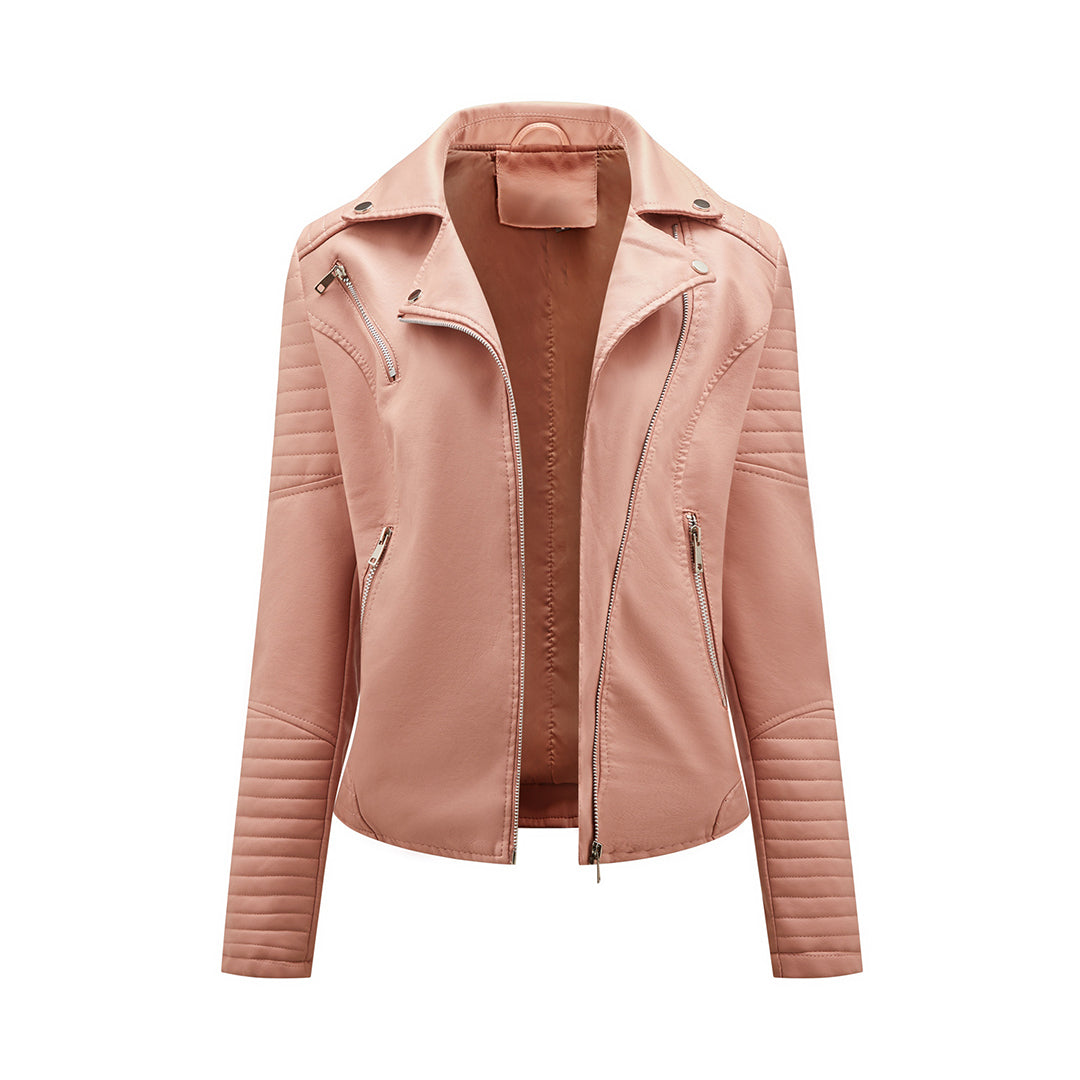 Women's short biker jacket with notched lapels, long sleeves, zip pockets and quilted panels