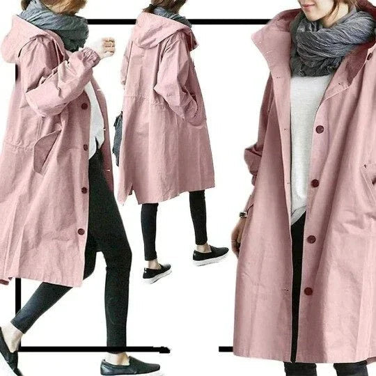Women's hooded trench coat with button front and angled pockets