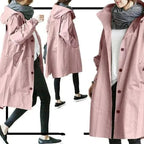 Women's hooded trench coat with button front and angled pockets
