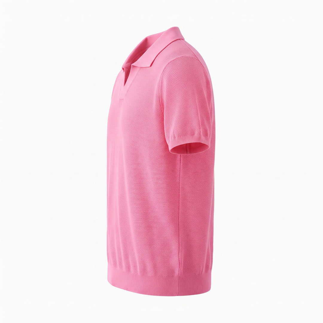 Men's Pink Waffle Knit Polo, V-Neck, Short Sleeves