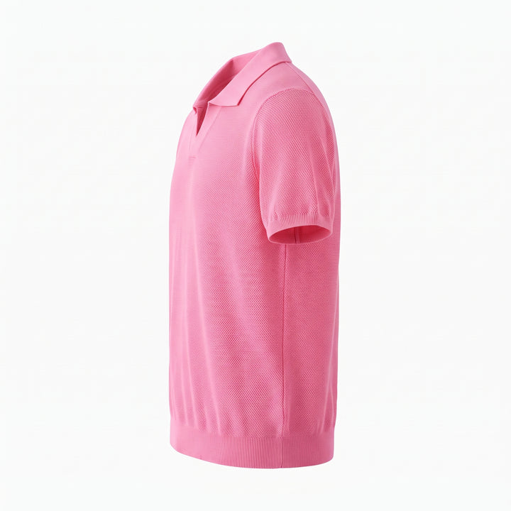 Men's Pink Waffle Knit Polo, V-Neck, Short Sleeves