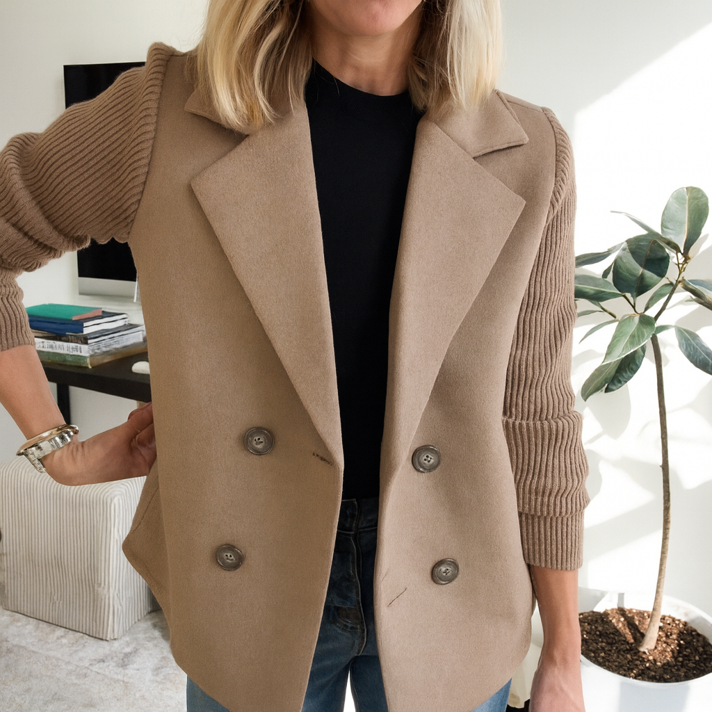 Women's button-front knit blazer with notched lapels and long ribbed sleeves