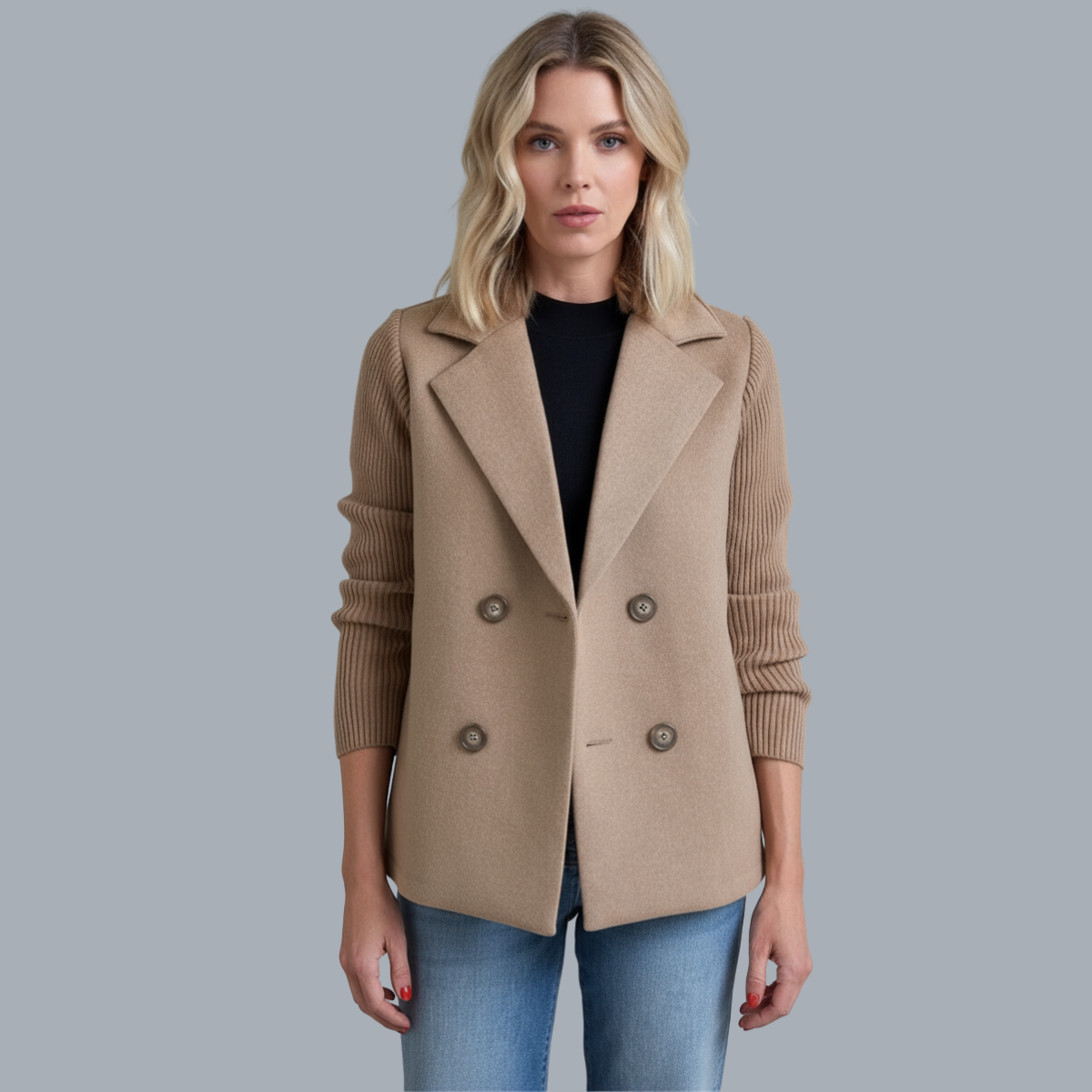 Women's button-front knit blazer with notched lapels and long ribbed sleeves