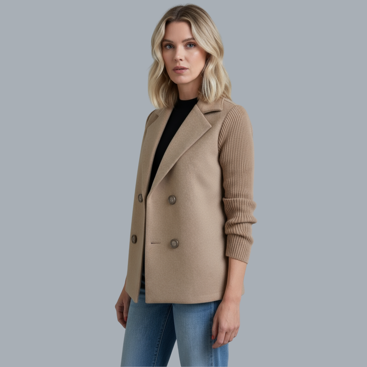 Women's button-front knit blazer with notched lapels and long ribbed sleeves