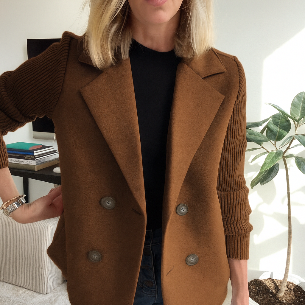 Women's button-front knit blazer with notched lapels and long ribbed sleeves