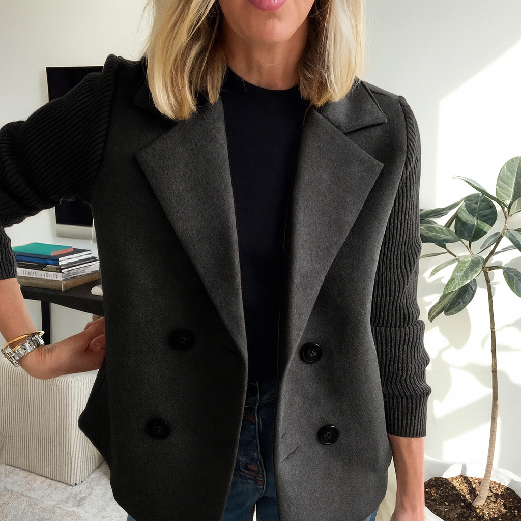 Women's button-front knit blazer with notched lapels and long ribbed sleeves