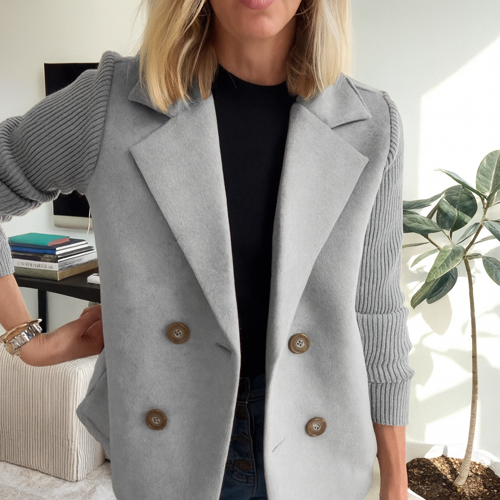 Women's button-front knit blazer with notched lapels and long ribbed sleeves
