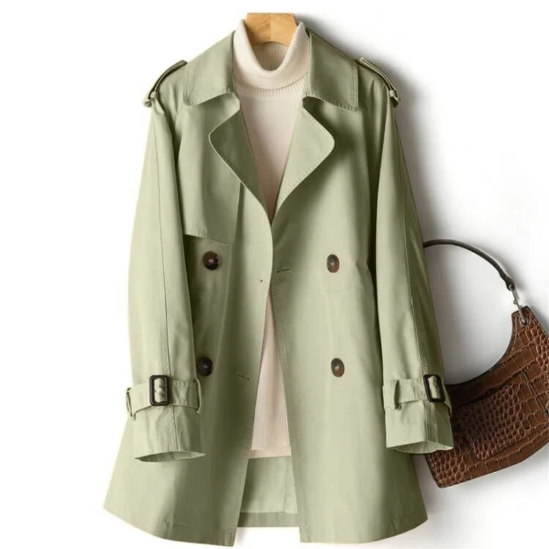 Women's mid-length trench coat with notched collar and double-breasted buttons