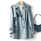 Women's mid-length trench coat with notched collar and double-breasted buttons