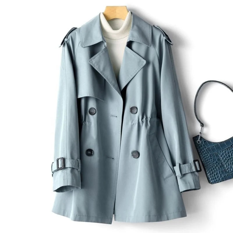 Women's mid-length trench coat with notched collar and double-breasted buttons