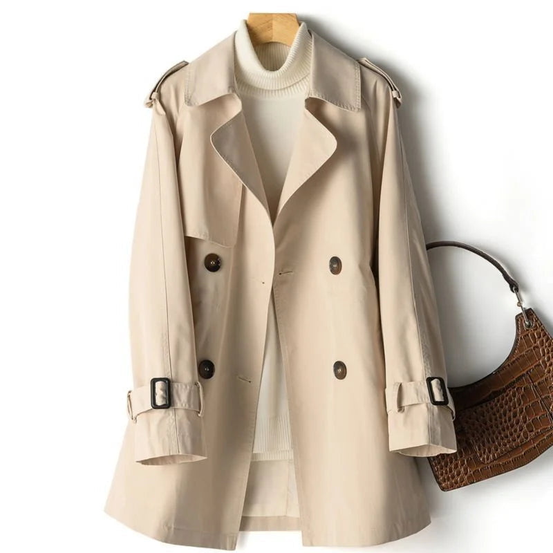 Women's mid-length trench coat with notched collar and double-breasted buttons