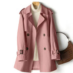Women's mid-length trench coat with notched collar and double-breasted buttons