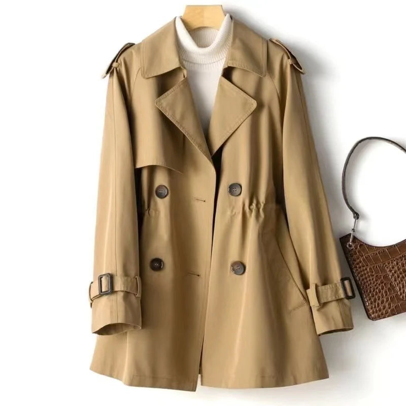 Women's mid-length trench coat with notched collar and double-breasted buttons