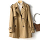 Women's mid-length trench coat with notched collar and double-breasted buttons