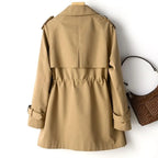 Women's mid-length trench coat with notched collar and double-breasted buttons