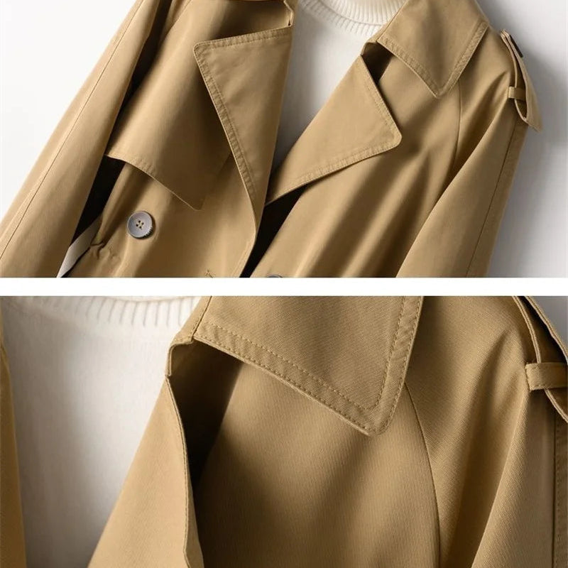 Women's mid-length trench coat with notched collar and double-breasted buttons
