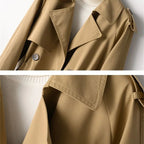 Women's mid-length trench coat with notched collar and double-breasted buttons