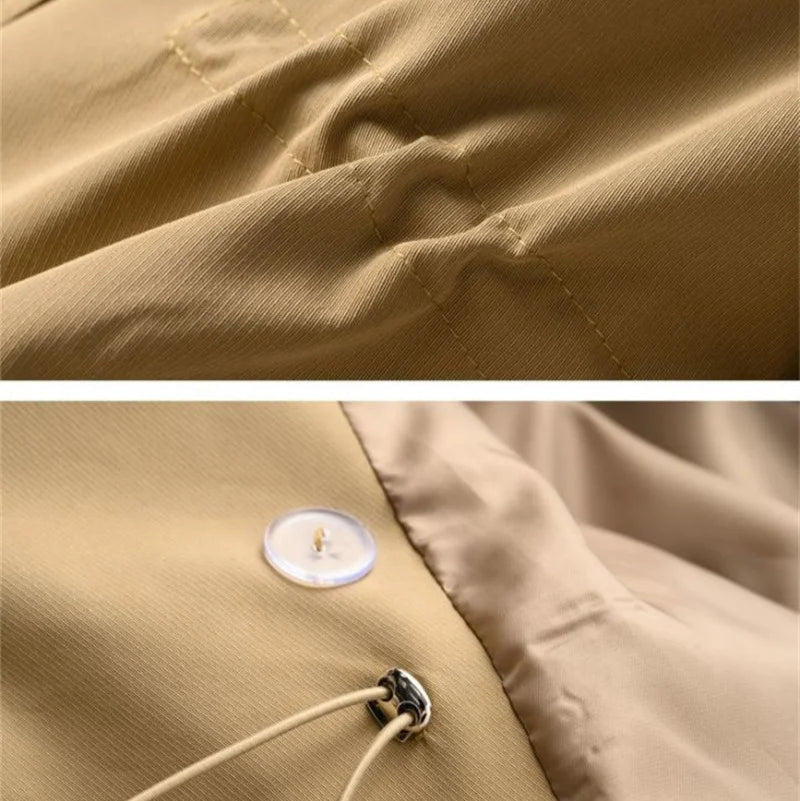 Women's mid-length trench coat with notched collar and double-breasted buttons