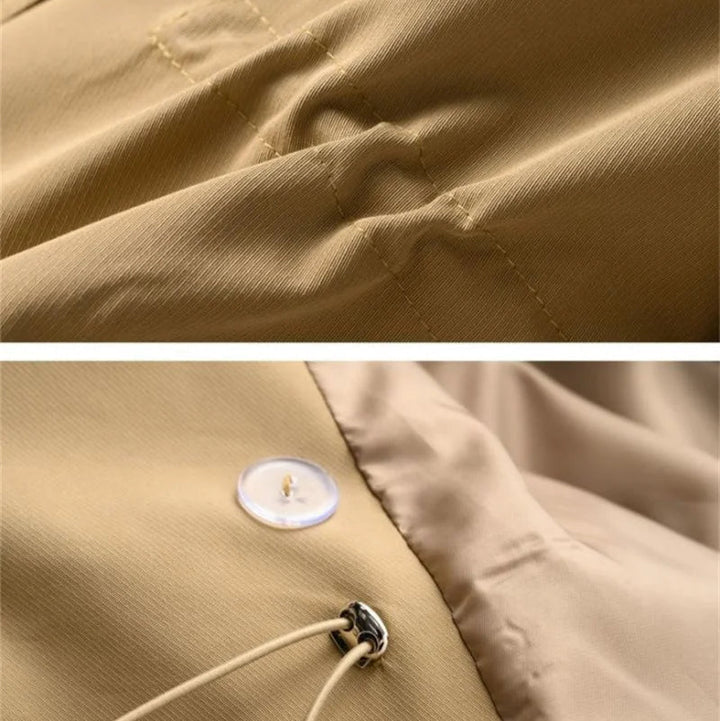 Women's mid-length trench coat with notched collar and double-breasted buttons