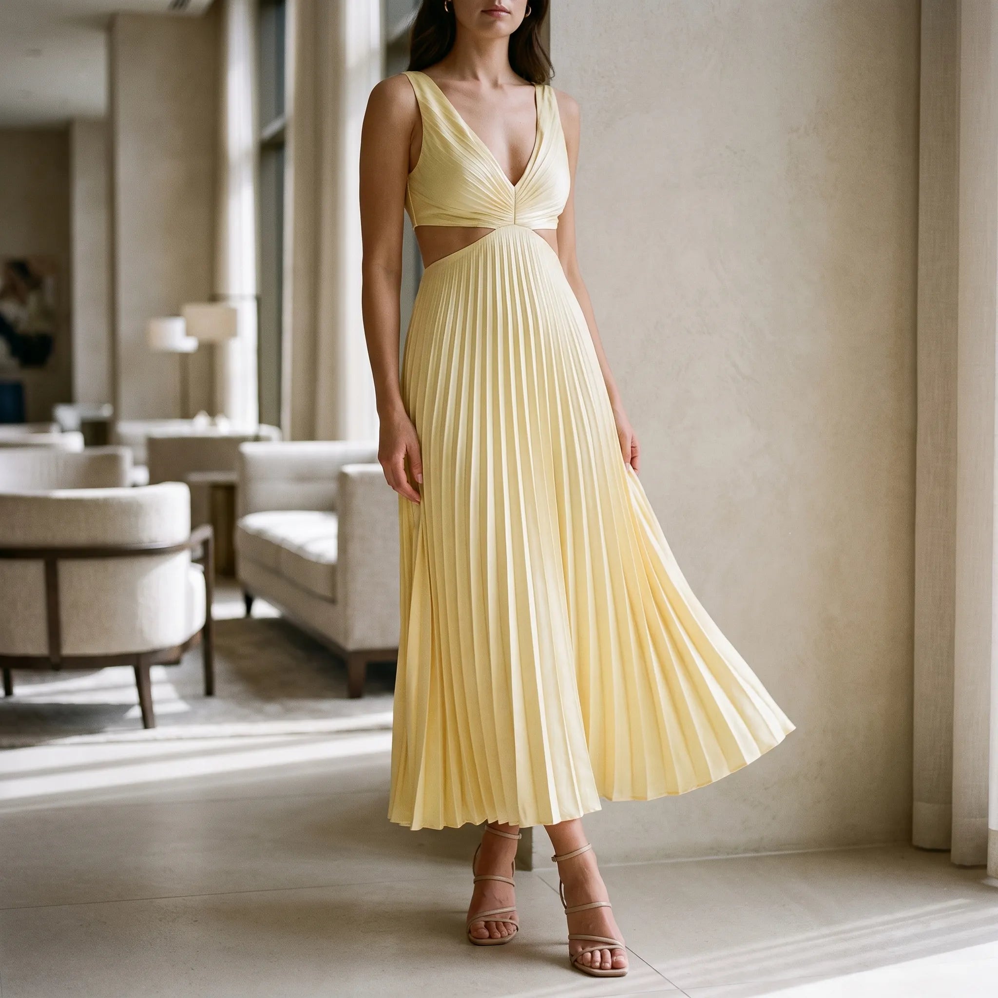 Plissea  - Sleeveless Pleated Midi Dress Evening Events