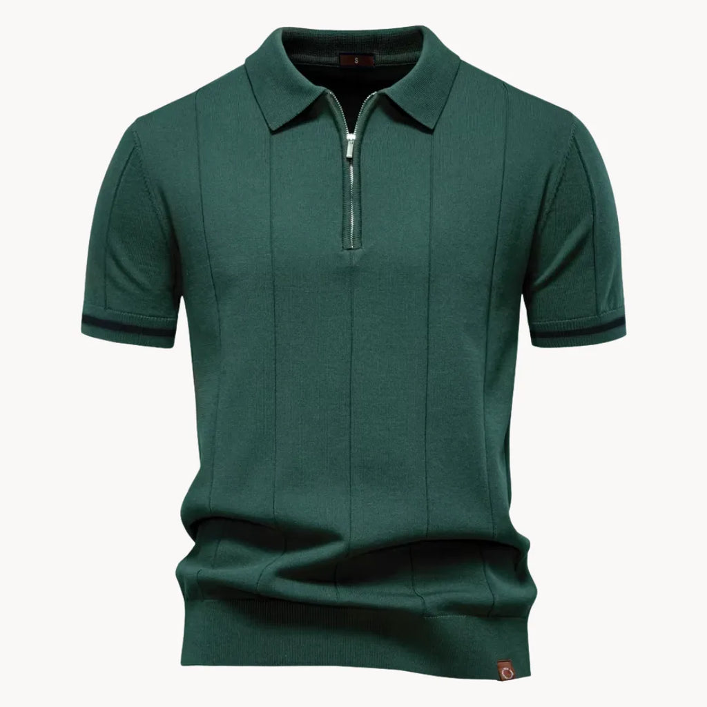 Men's short-sleeve knitted polo shirt with zip neck, classic collar and striped cuffs
